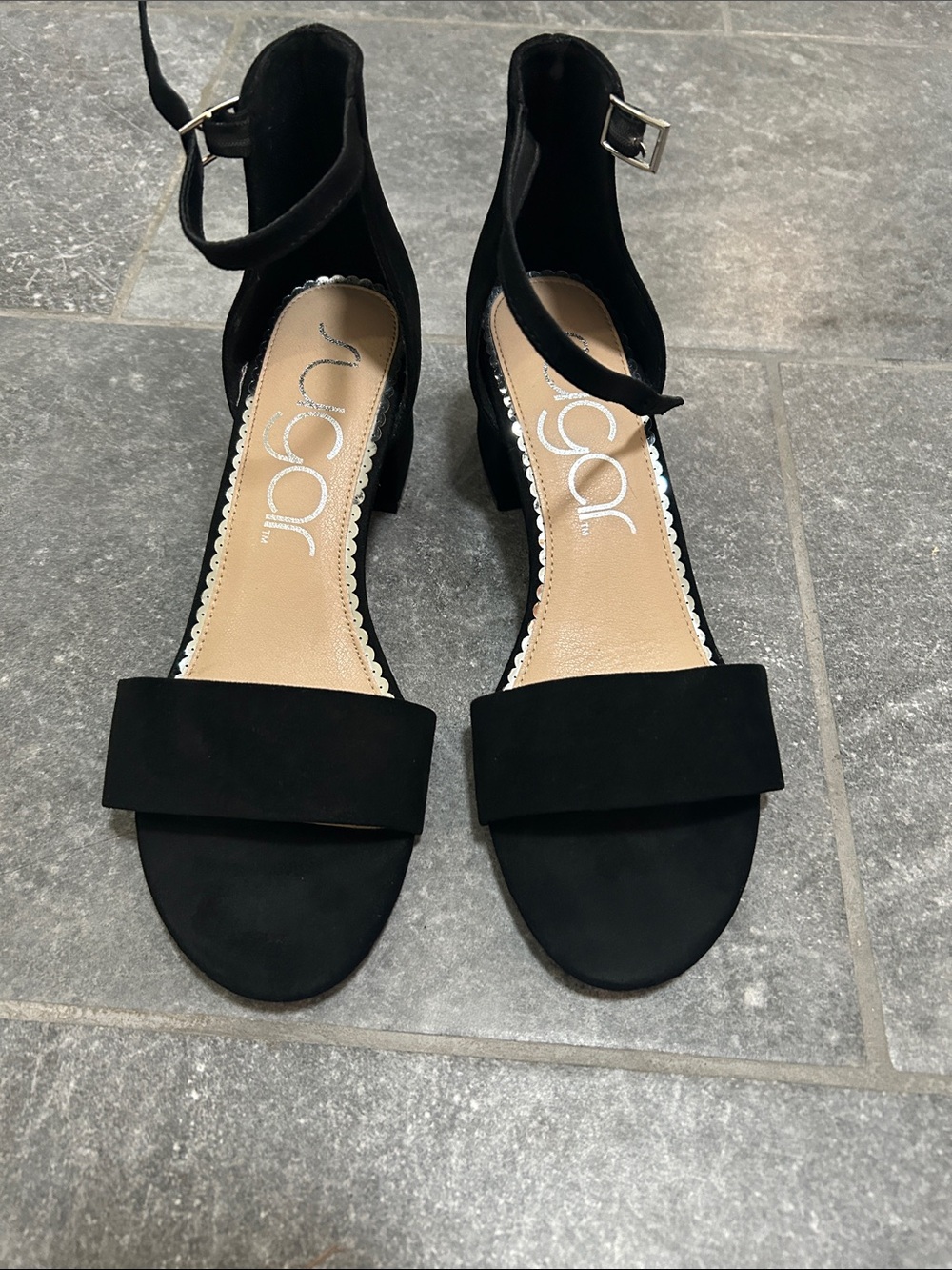 Sugar Black Ankle Strap Block Heel Sandals